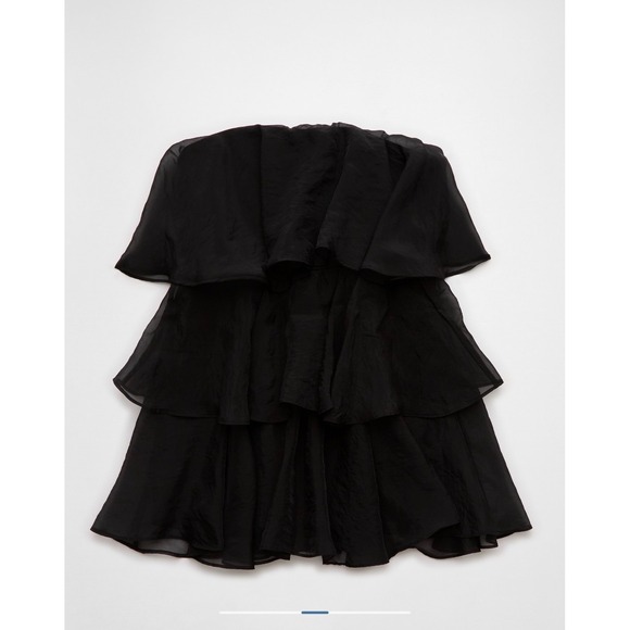 American Eagle Black Tiered Ruffle Mini Dress Strapless Babydoll XS New - Picture 2 of 5
